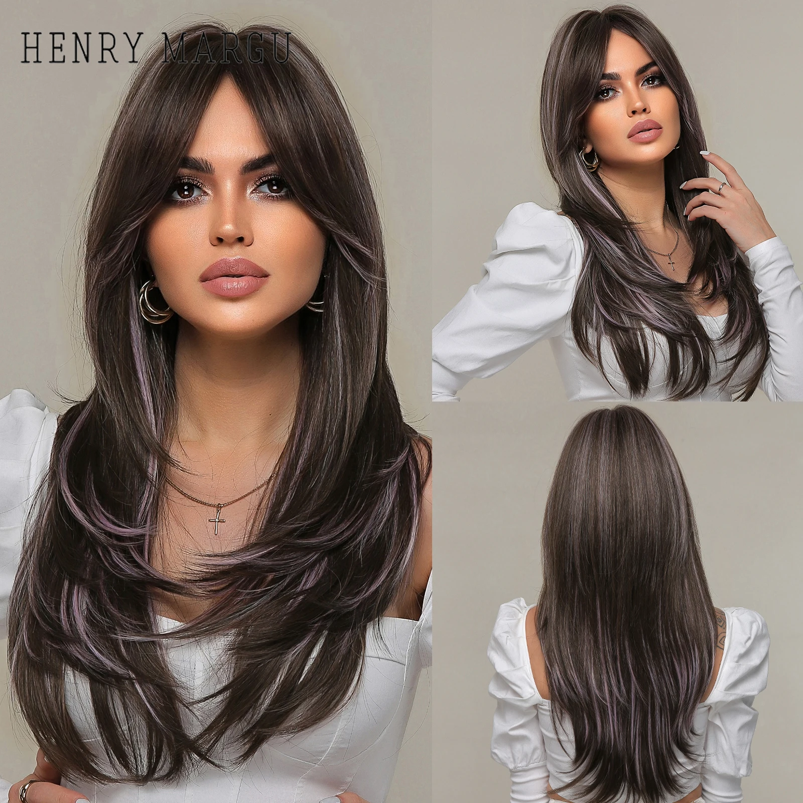 

HENRY MARGU Brown Mixed Purple Synthetic Wigs Long Straight Layered Wigs With Side Bangs for Women Daily Heat Resistant Hair Wig