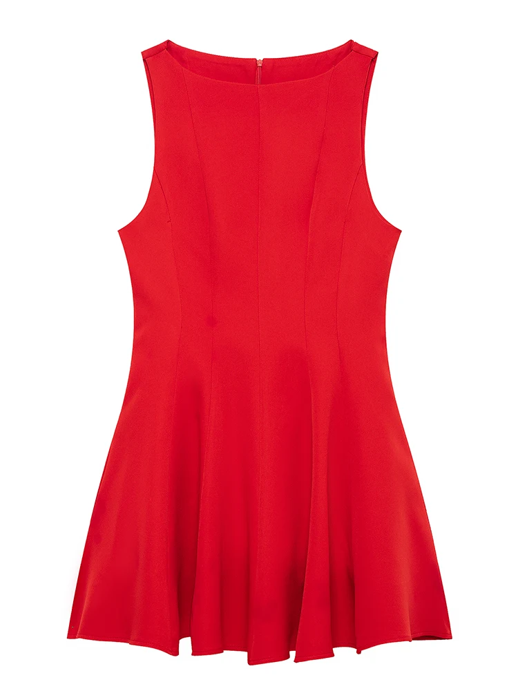 TFMLN Elegant Women's Solid Pleated Mini Dresses 2025 New O-neck Sleeveless Chic Party Dress Sweet Back Zipper Causal Dress