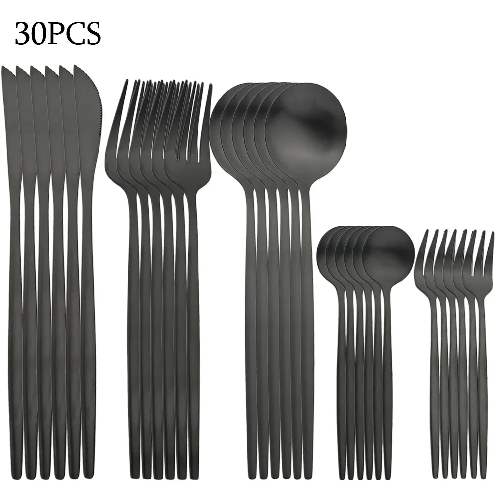 Stainless Steel Cutlery Set Dinner Black Dinnerware Set Knife Fruit Fork Spoon Kitchen Tableware Matte Silverware Sets 30Pcs tableware set
