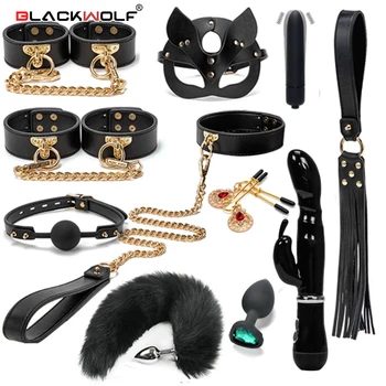 BLACKWOLF BDSM Bondage Kits Genuine Leather Restraint Set Handcuffs Collar Gag Rabbit Vibrators Adult Sex Toys For Women Couples 1