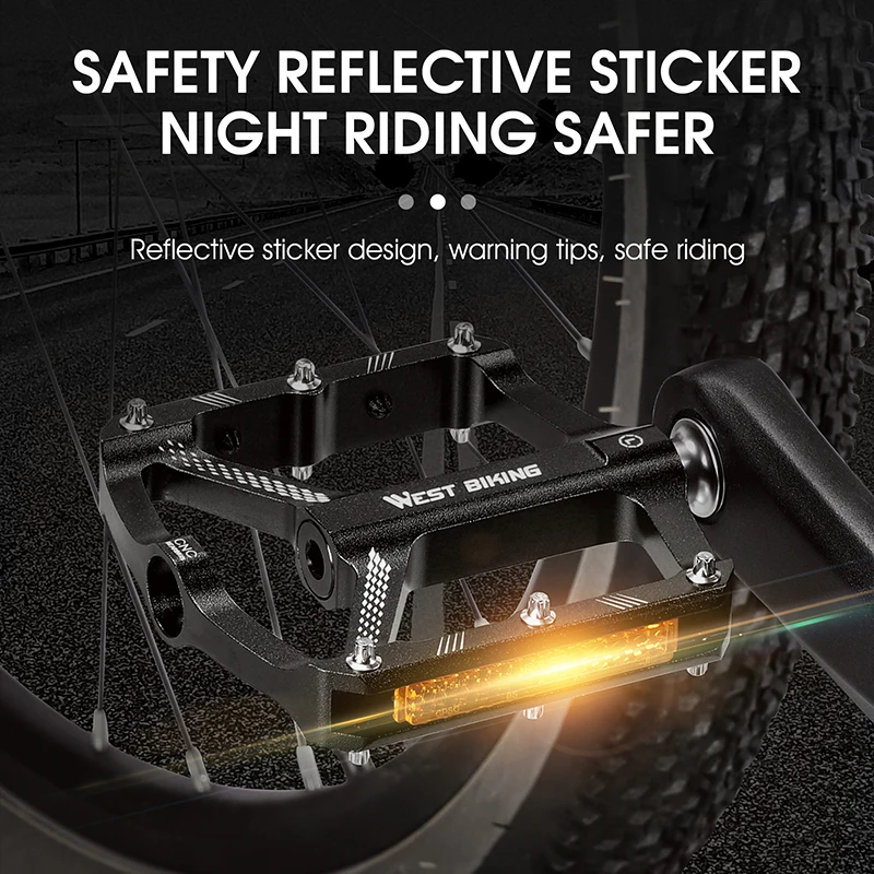 WEST BIKING 3 Bearings Reflective Bike Pedal Aluminum Alloy Anti Slip Bicycle Pedal MTB Road Bike Pedal Cycling Accessories