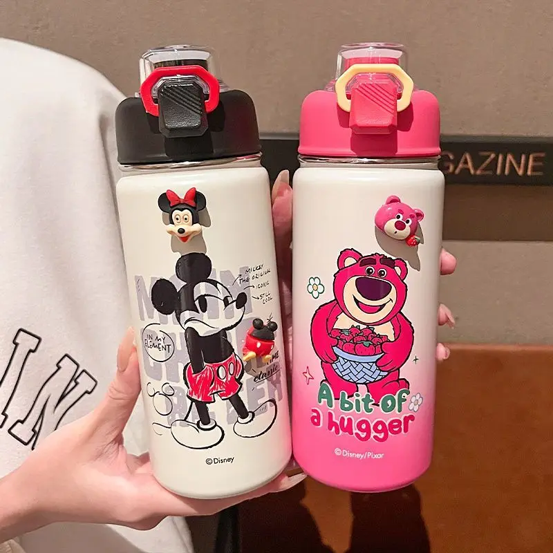 

600ML Elsa Thermos Cup Genuine Disney Mickey Strawberry Bear Buzz Lightyear Girl 316 Stainless Steel Straw Cup Christmas Gift