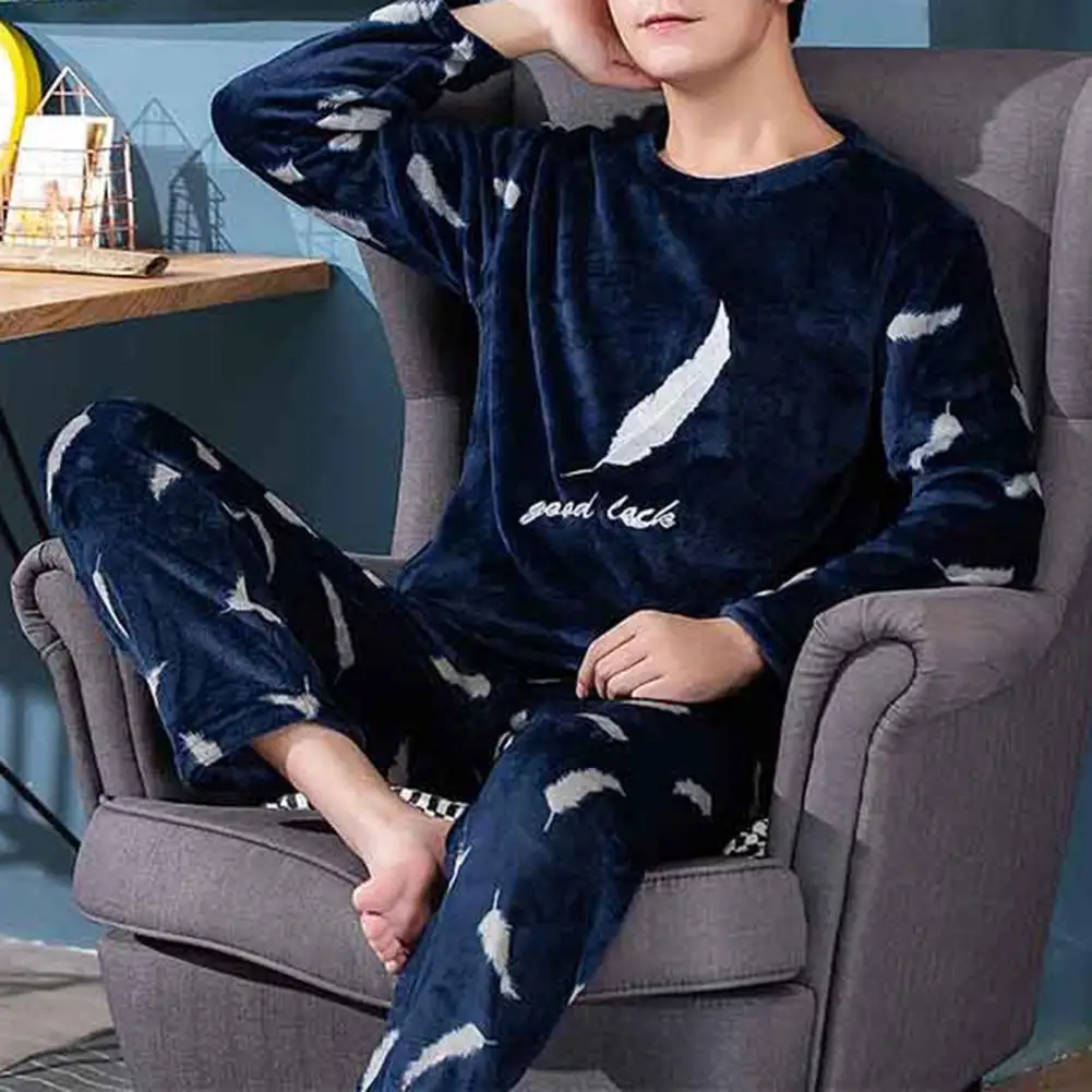 Men Sleepwear Suit Loose Pullover Round Neck Pajama Sets Thick Soft Flannel Pajama Sets 2 Pcs/Set man pajamas set flannel pajamas set