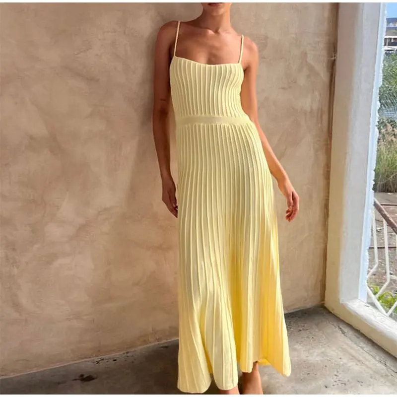 Solid Knitted Slash Neck High Waist Suspender Dress Elegant Women's Backless Midi Sling Dresses 2023 Summer Chic Female Vestidos