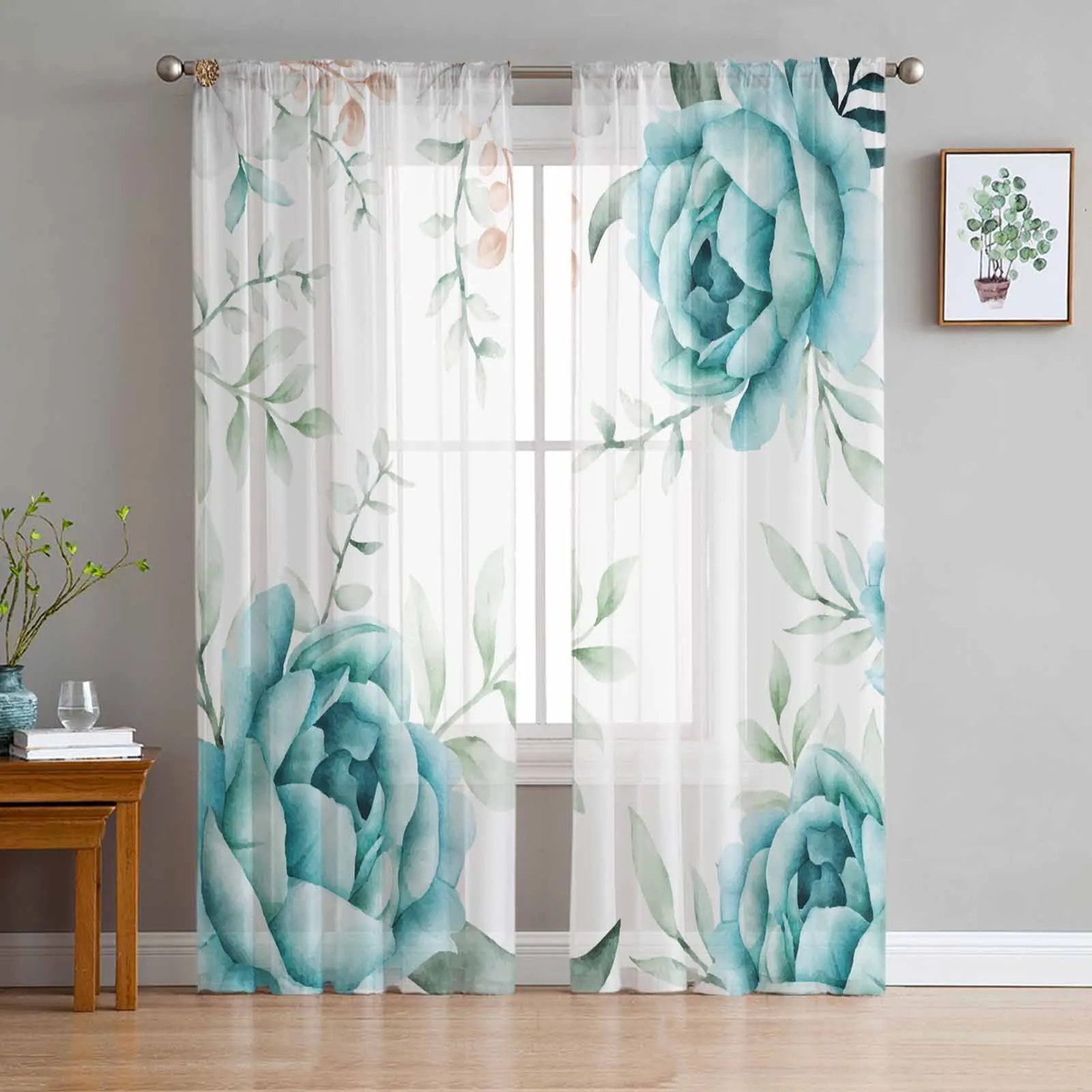 

Summer Plants Flowers Watercolor Voile Curtains for Bedroom Window Tulle Curtain for Living Room Sheer Blinds Drapes