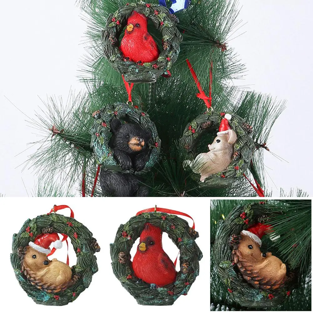 

Christmas Decorations Cute Cartoon Animals In Wreath Wall Pendant Hanging Elk Resin Bear Background Tree Crafts Christmas L2F9