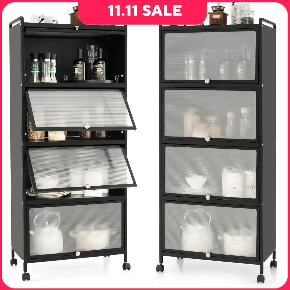 Kitchen 5-Tier Mobile Flip-up Storage Cabinet with 4 Rolling Casters kitchen storage cabinet