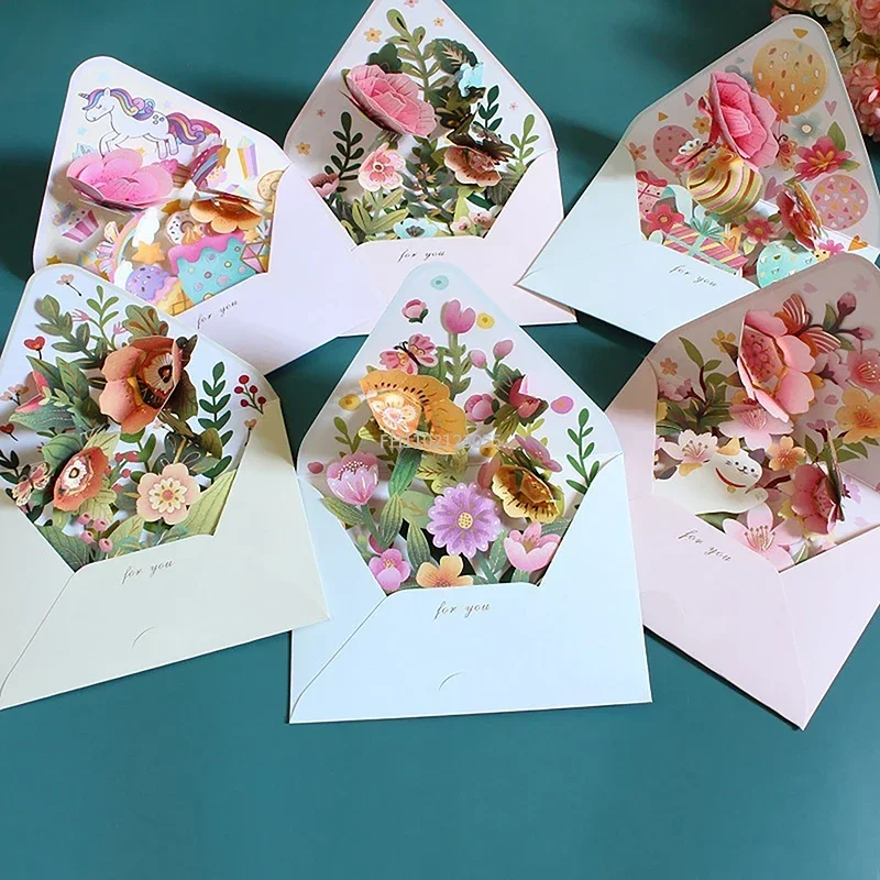 1Set Romantic Flower Birthday Christmas Card 3D Pop-up Greeting Cards Set Postcard Party Wedding Decorations Creative Girl Gifts