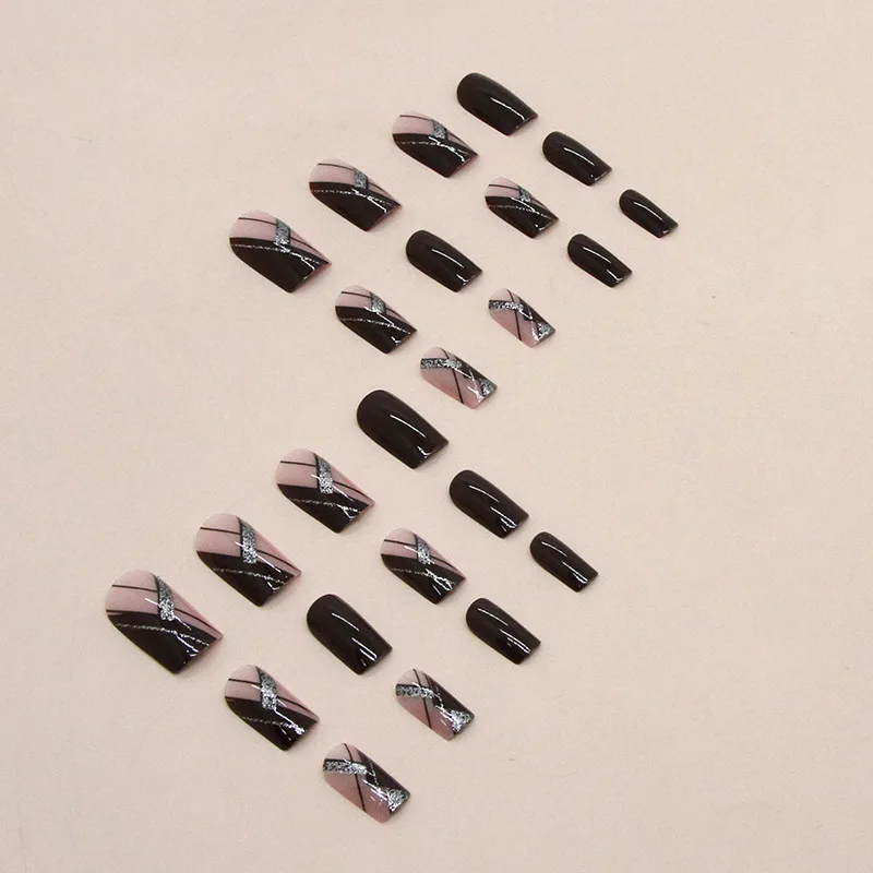French Nails 24 PCs Short French Minimalist Glitter Line Nails 1 Jelly Gel 1 Nail File