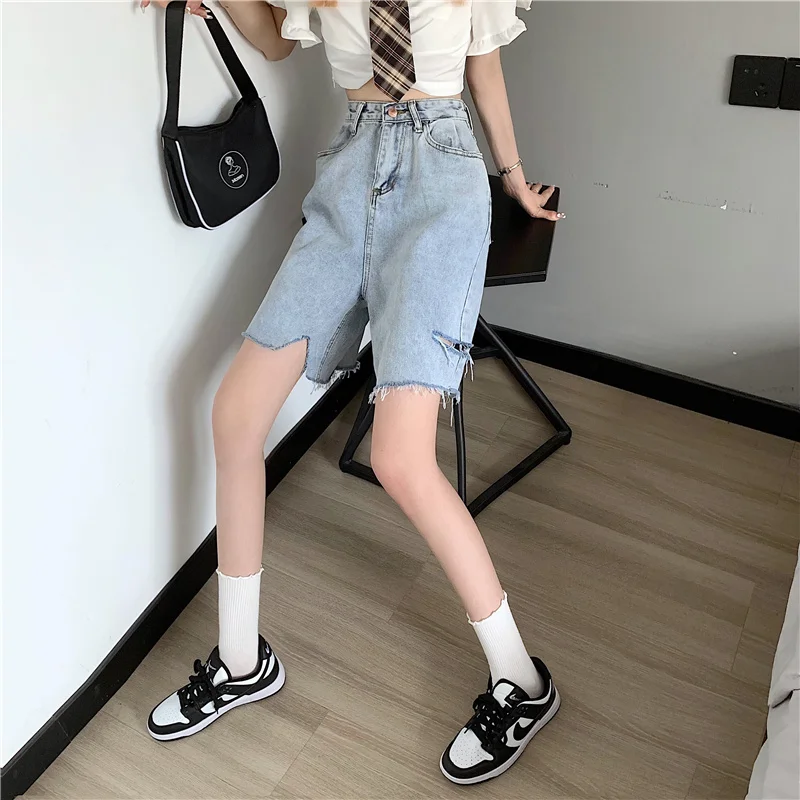 bermuda shorts 2022 Summer Holes Jeans Shorts Women Korean Chic High Waist Blue Tassel Denim Shorts Loose Washed Short Pants Female Ropa Mujer maternity shorts