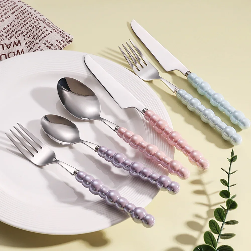 

Handle Spoon Colorful Pearl Set 304 Creativity Drop Steel 18/10 Fork Fashion Ship Gift Stainless Knife Cutlery Ceramic Flatware