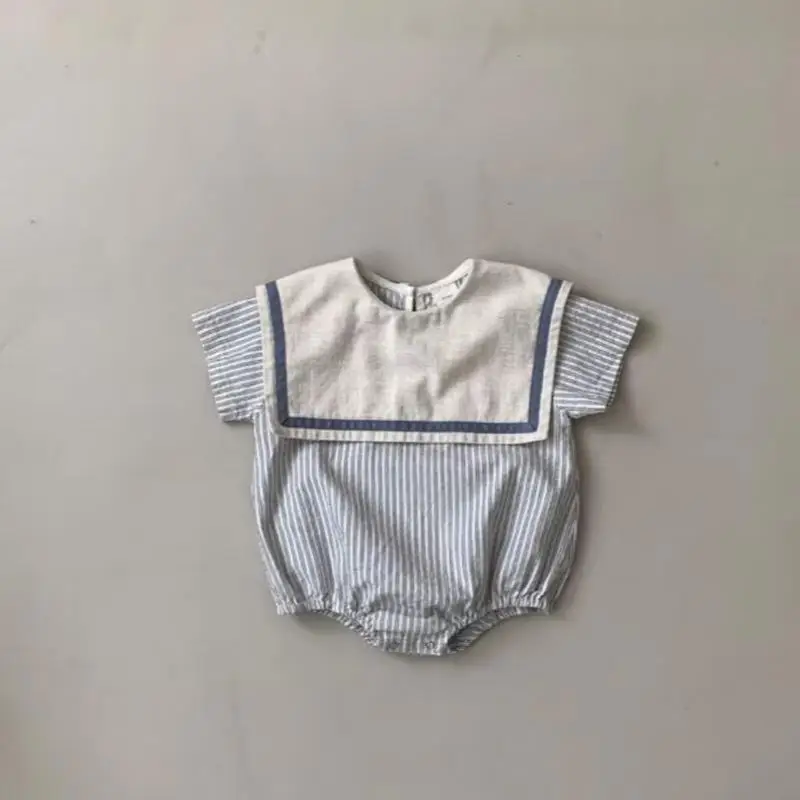 2026 여름 새  짧은 소매 바디 슈트 코튼  소년 소녀 선원 칼라 스트라이프 점프 슈트 얇은  의류 0-24M