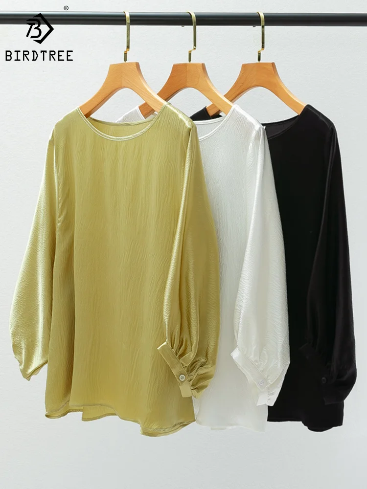 

Однотонная женская рубашка BirdTree, из 100% натурального шелка, с круглым вырезом и длинным рукавом, элегантные модные блузки, весна-лето 2024, T42973QM