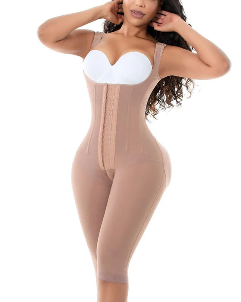 Fajas Shapewear Women‘s Compression Garment Three-Breasted Hook-Eye Shapewear Knee Length With Corset Boning