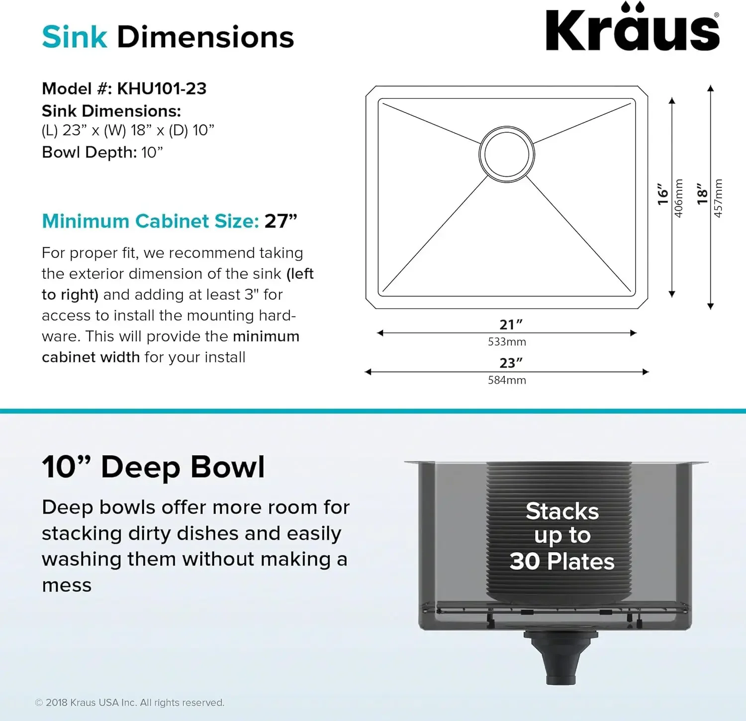 KRAUS Standard PRO 23-Inch 16 Gauge Undermount Single Bowl Stainless Steel Kitchen Sink, KHU101-23