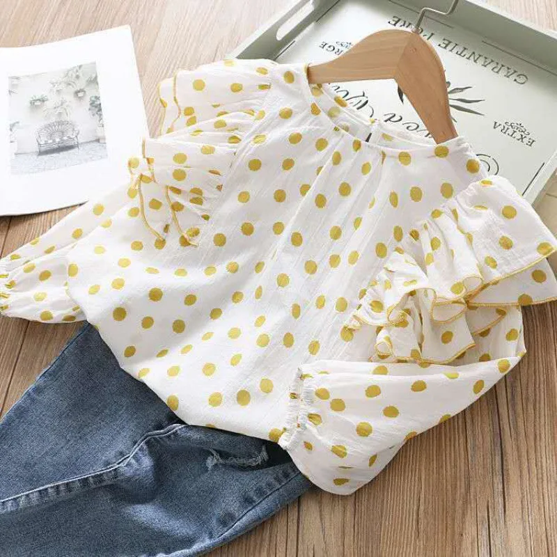 

Girls Shirt Korean Version Foreign Fashion 2023 New Kids Shirt Little Girl Long Sleeve Cotton Polka Doll Steven