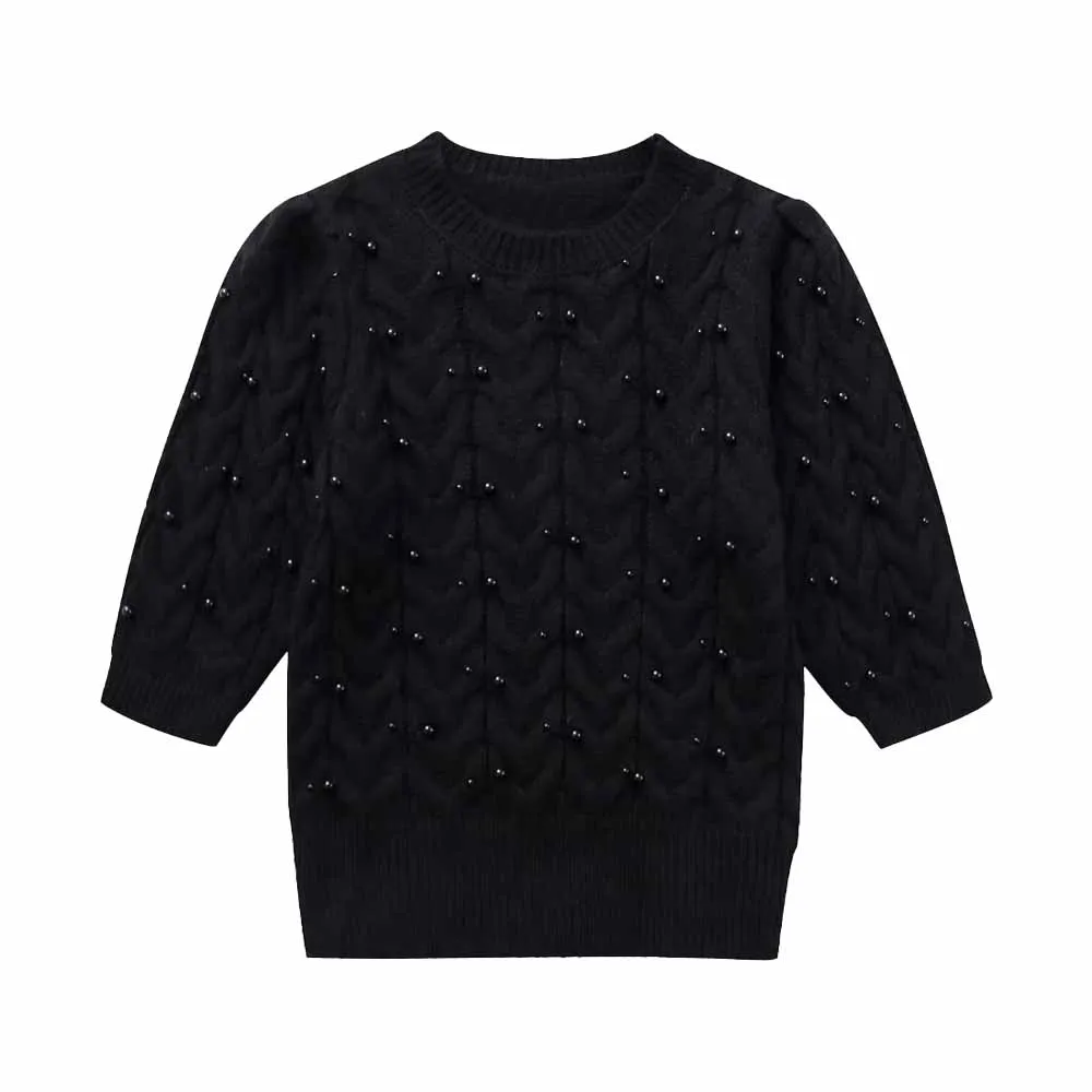 

TRAF Autumn/Winter Sweater Women's Chic New Short Sleeve Round Neck Faux Pearl Decorate Female Fashion Knit Pullover 1957103