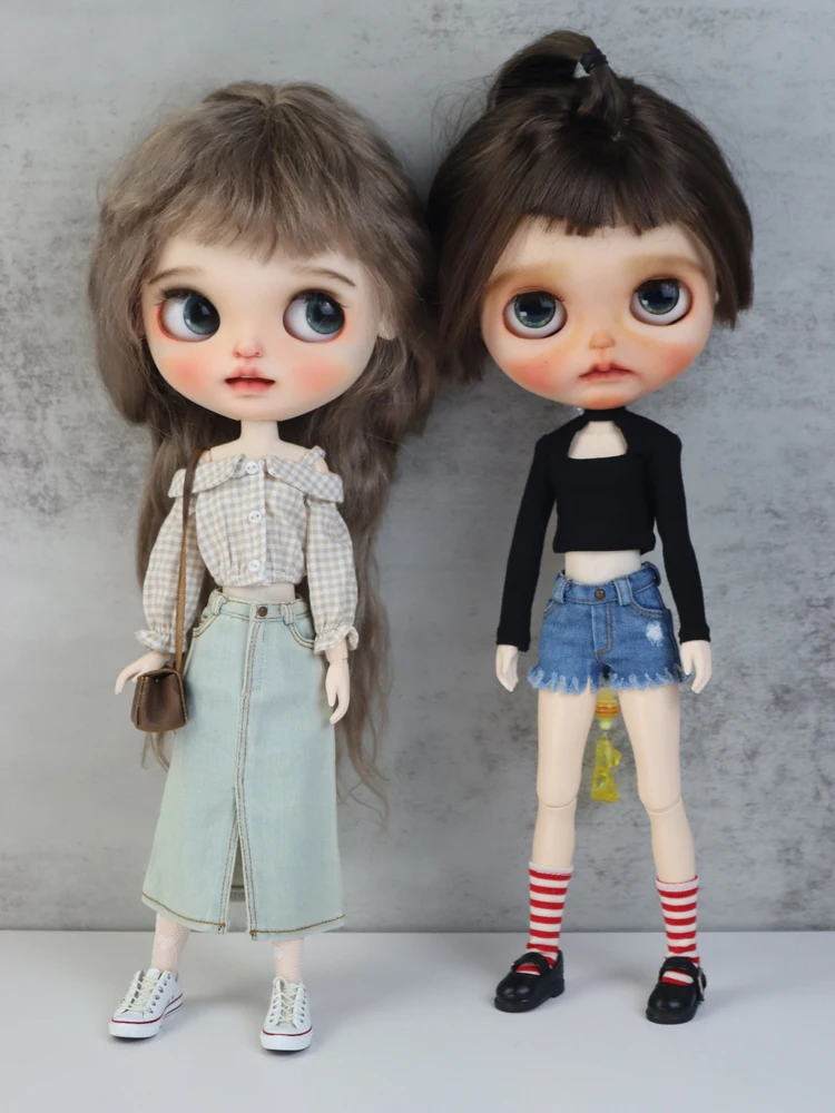 Blythe Doll Jeans Short Pants and Plaid Blouse for Ob24 Ob22 Azone Doll Clothes