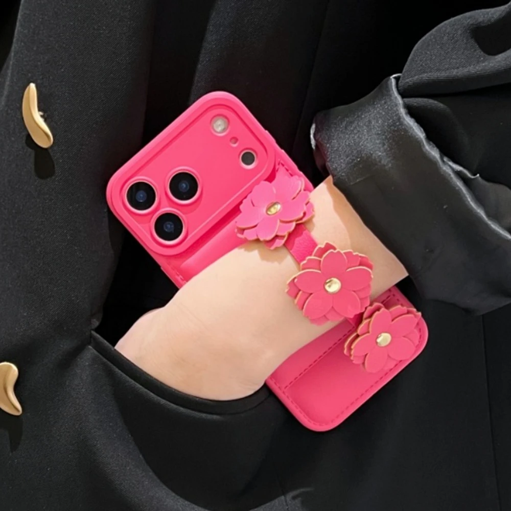 3D Camellia Wristband Down Jacket Phone Case - PU Leather Shockproof Cover
