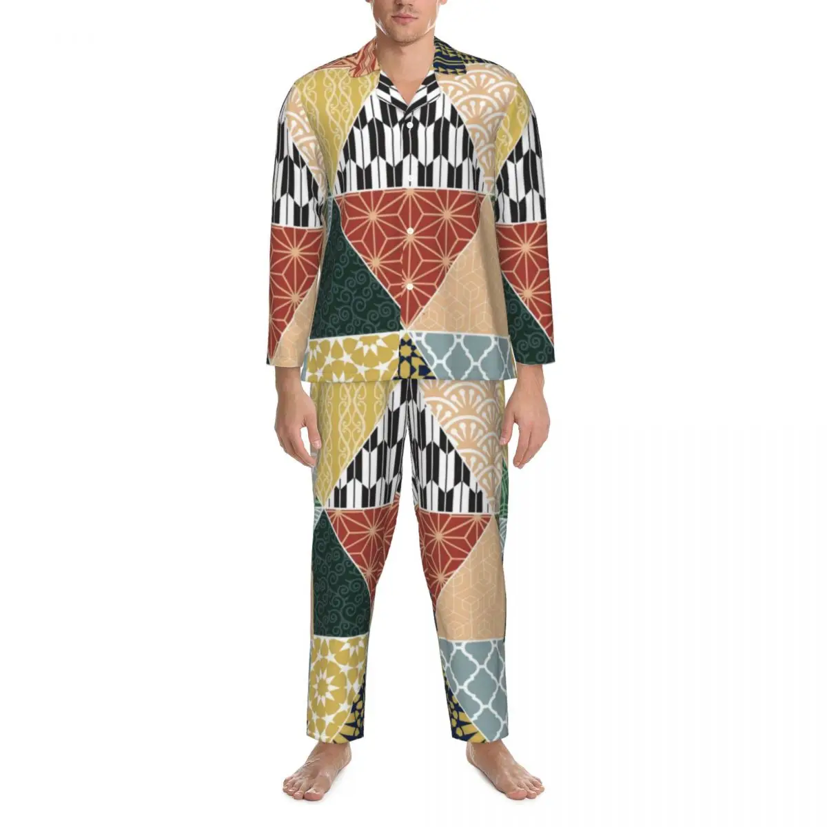 

Colorful Patchwork Sleepwear Autumn Tribal Ethnic Print Casual Oversize Pajamas Set Men Long Sleeves Comfortable Sleep Nightwear
