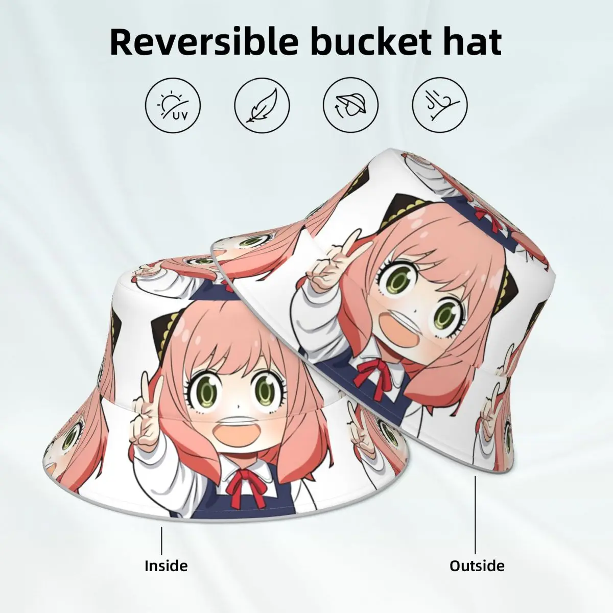 

Anya Forger Bucket Hat esper assassin anime japan Fashion Beach Fisherman Hats Reversible Printed Reflective Hat