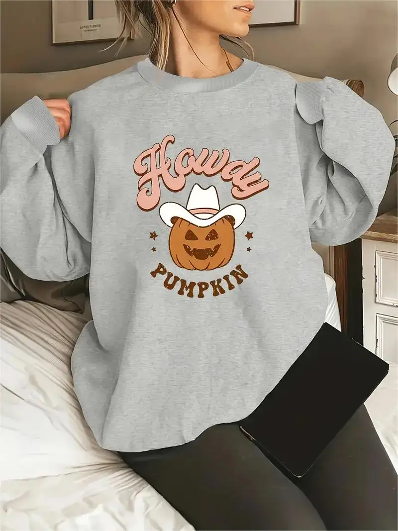 Women's Halloween Pumpkin Letter Print Long Sleeve Round Neck Pullover Top, Casual Sweatshirt, Plus Size