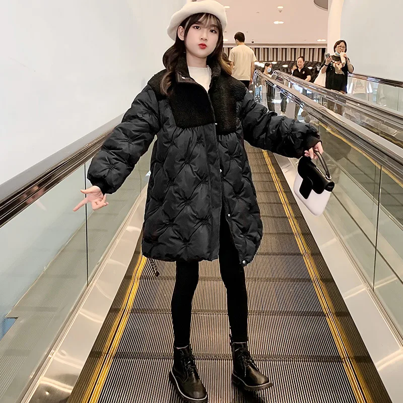 

Kids Clothes for Teens Fashion Mid-Length Black Down Jacket Thick Warm Snowsuit for Girls Winter Cotton Outerwear Tops 4-12 Yrs