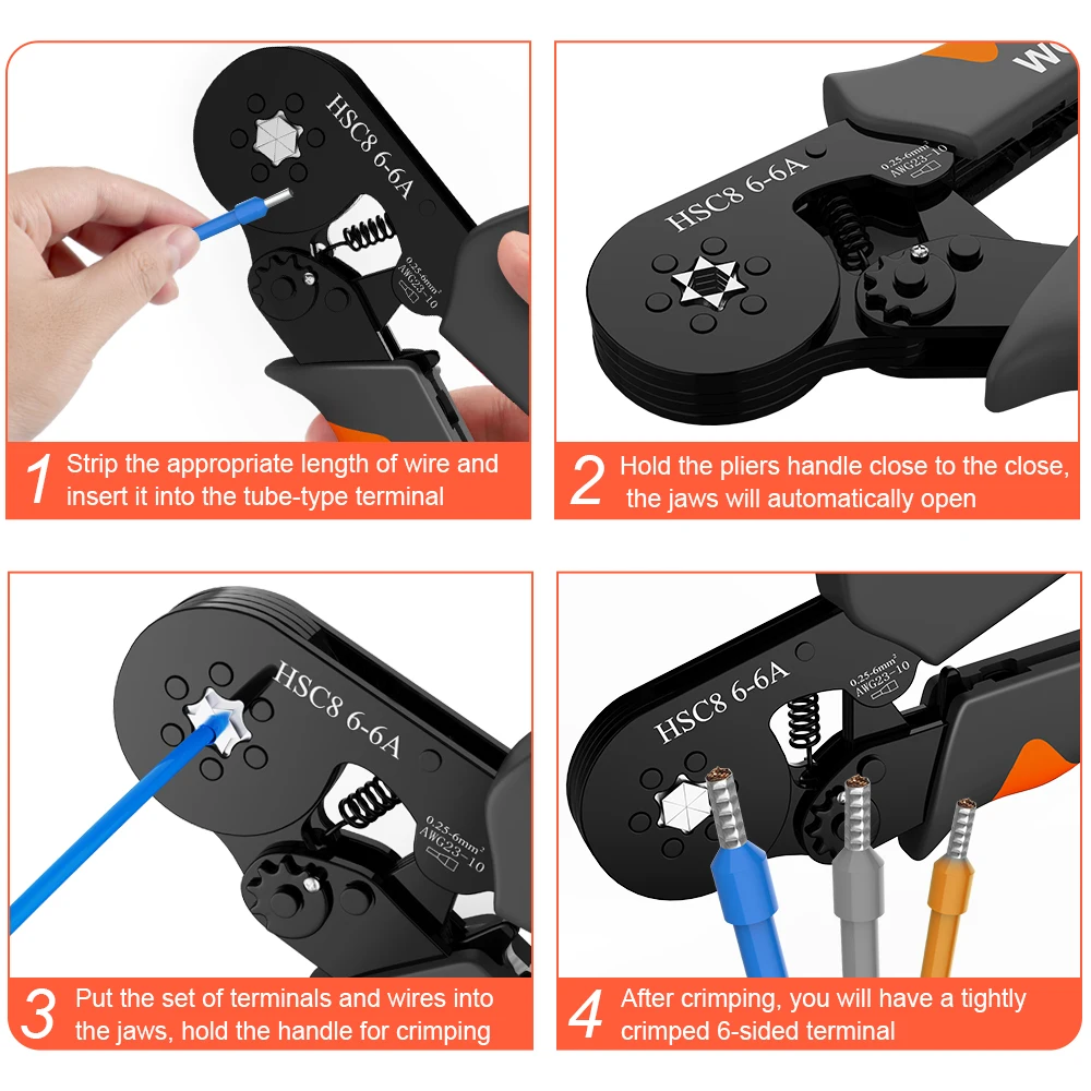자체 조정 가능한 육각형 래칫 페룰 크림핑 도구 키트, 23-10AWG, 0.25-6 mm² 크림퍼 키트, 400-2000 개 와이어 터미널 포함