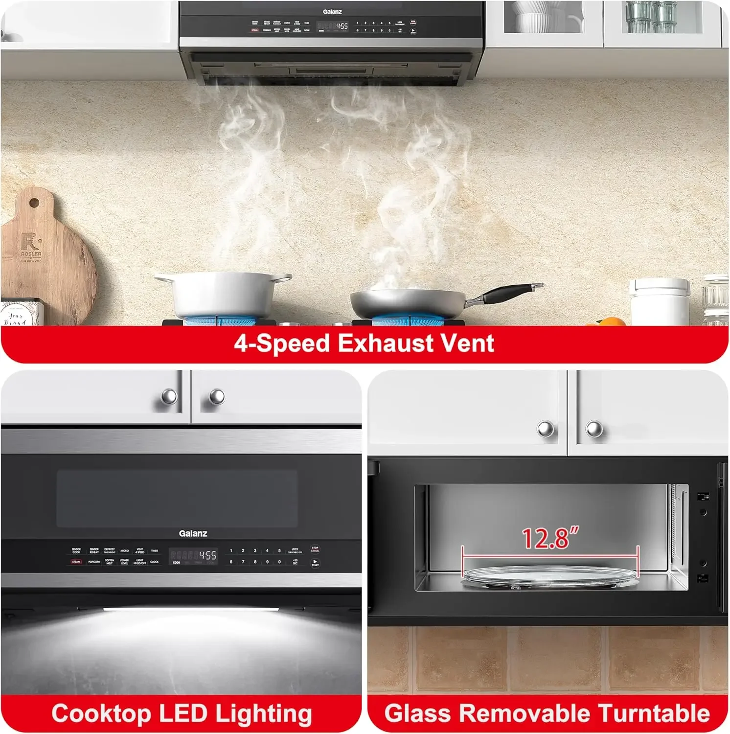 GLOMJK12S2SWN10 Low Profile Over The Range Microwave Hood Combination Steam & Sensor Cooking, 11 Power Levels, 1.2 Cu Ft, 5