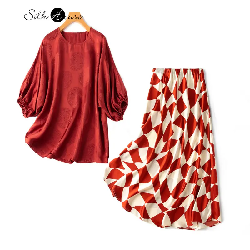 

High Grade Fabric "real Silk Kimono Silk" Elegant Cinnabar Red Unrestricted Loose Fitting Shirt Mulberry Silk T-shirt Skirt Set