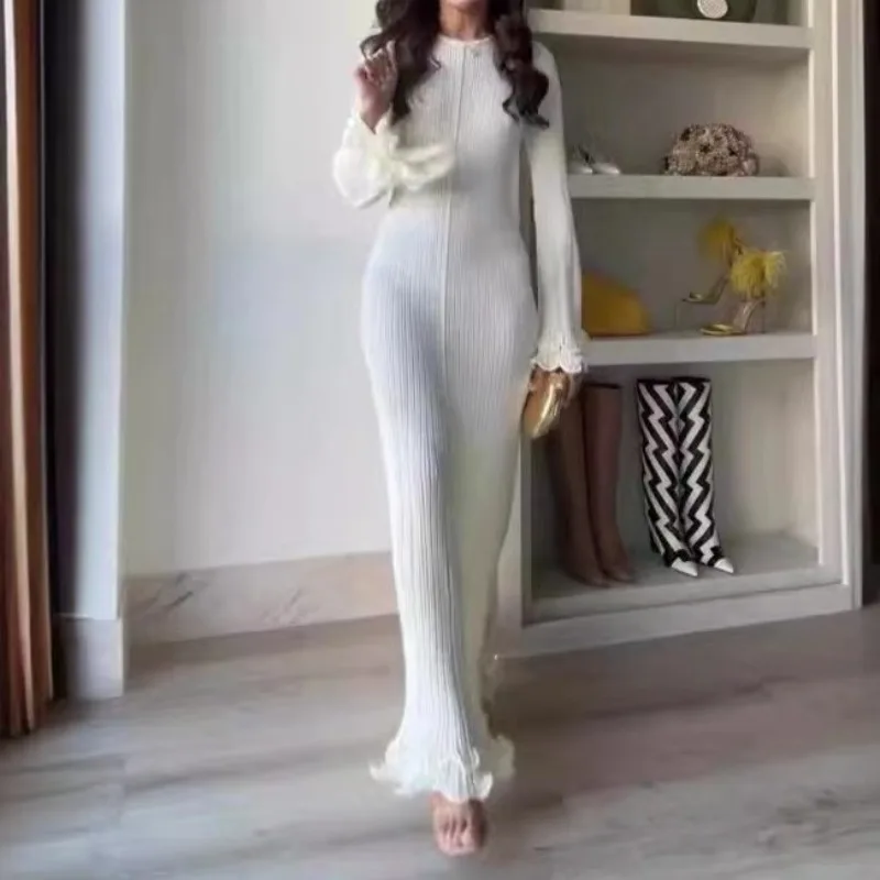 Ladies Knitted Dress Autumn Elegant Flared Sleeve Crew Neck Slim Party Dresses
