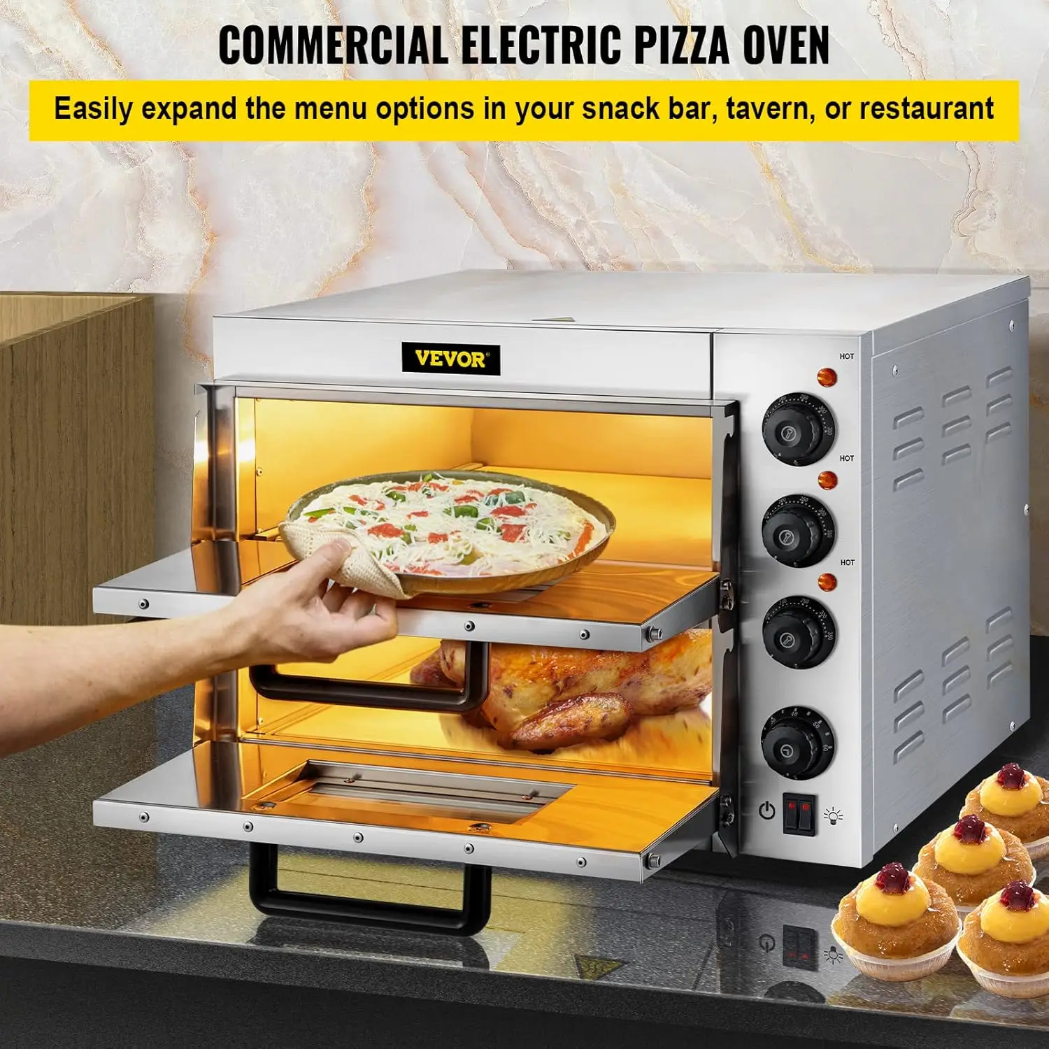 Commercial Pizza Oven Countertop 14" Double Deck Layer 110V 1800W Stainless Steel Silver 19"D x 22"W x 15"H 2