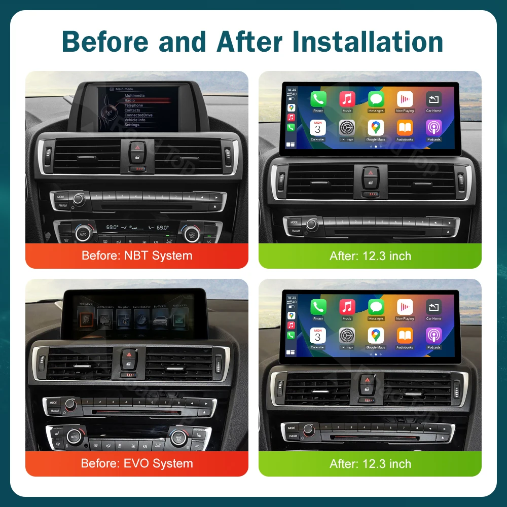 Pantalla multimedia Linux inalámbrica CarPlay Android Auto de 12.3 pulgadas para BMW Serie 1 2 3 4 F20 F21 F22 F30 F31 F32 F33 NBT o EVO 4