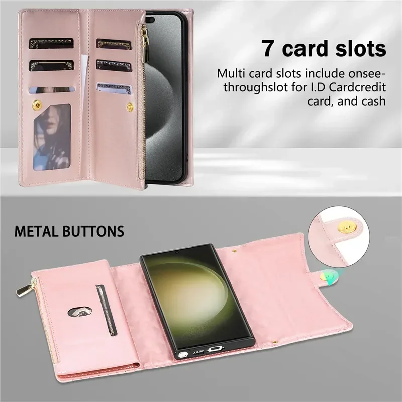 Crossbody Leather Zip Wallet Phone Case with Wrist Strap and Flip Cover