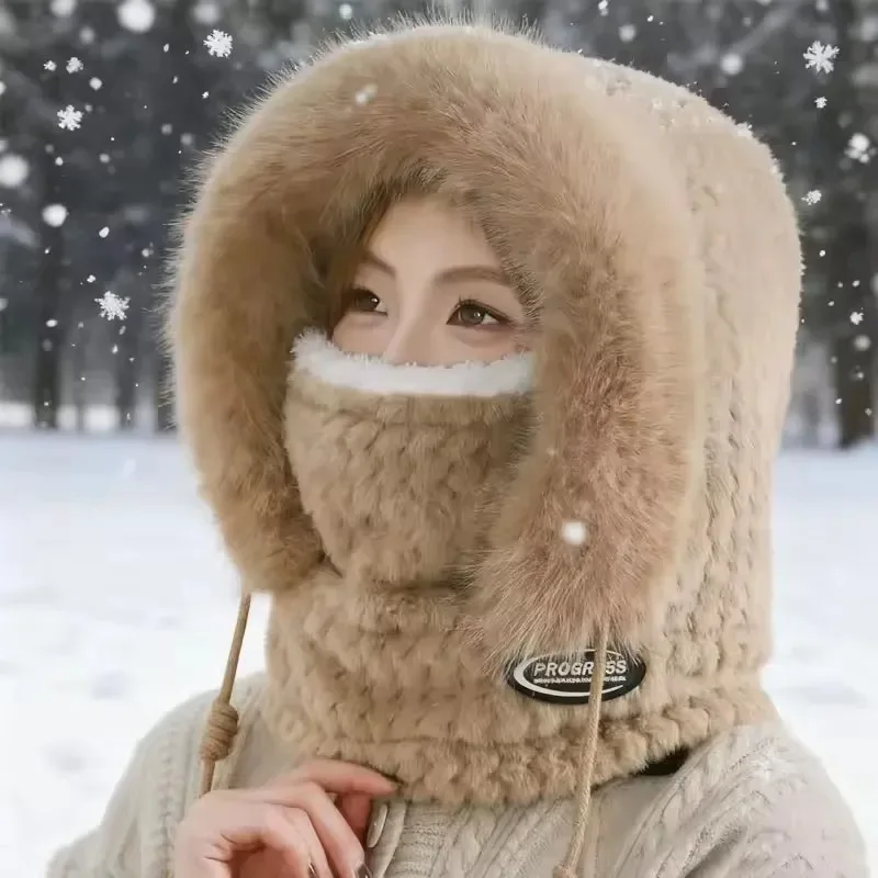 Women Winter Thermal Hood Hat Scarf Mask Set