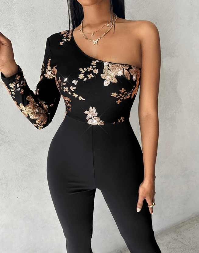 2023 Jumpsuits for Women Elegant Sexy One Shoulder Floral Sequin Flared Jumpsuit 2023 Autumn Winter Fashion Casual Jumpsuit
