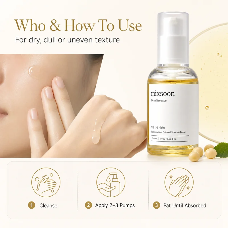 Korean Skin Care Mixsoon Bean Essence Hyaluronic Acid Exfoliating Facial Serum Hydrating, Moisturizing and Antioxidant Essence - immagine 6