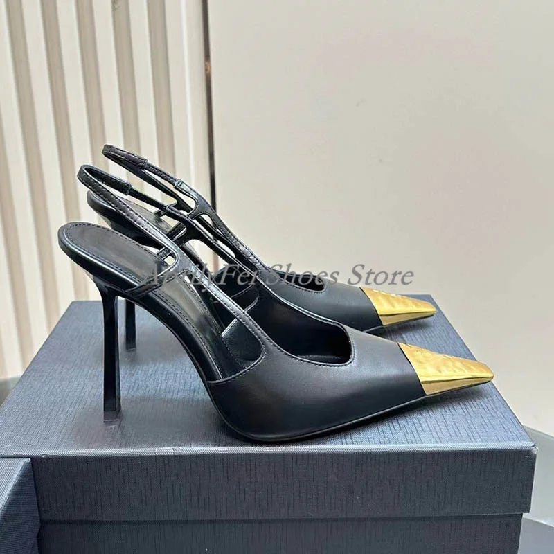 Elegant Womens Shoes Gold Pointed Toe Luxury Brand Party High Heels 4 Inch Black Patent Leather Women Dress Sandals Slingback 4