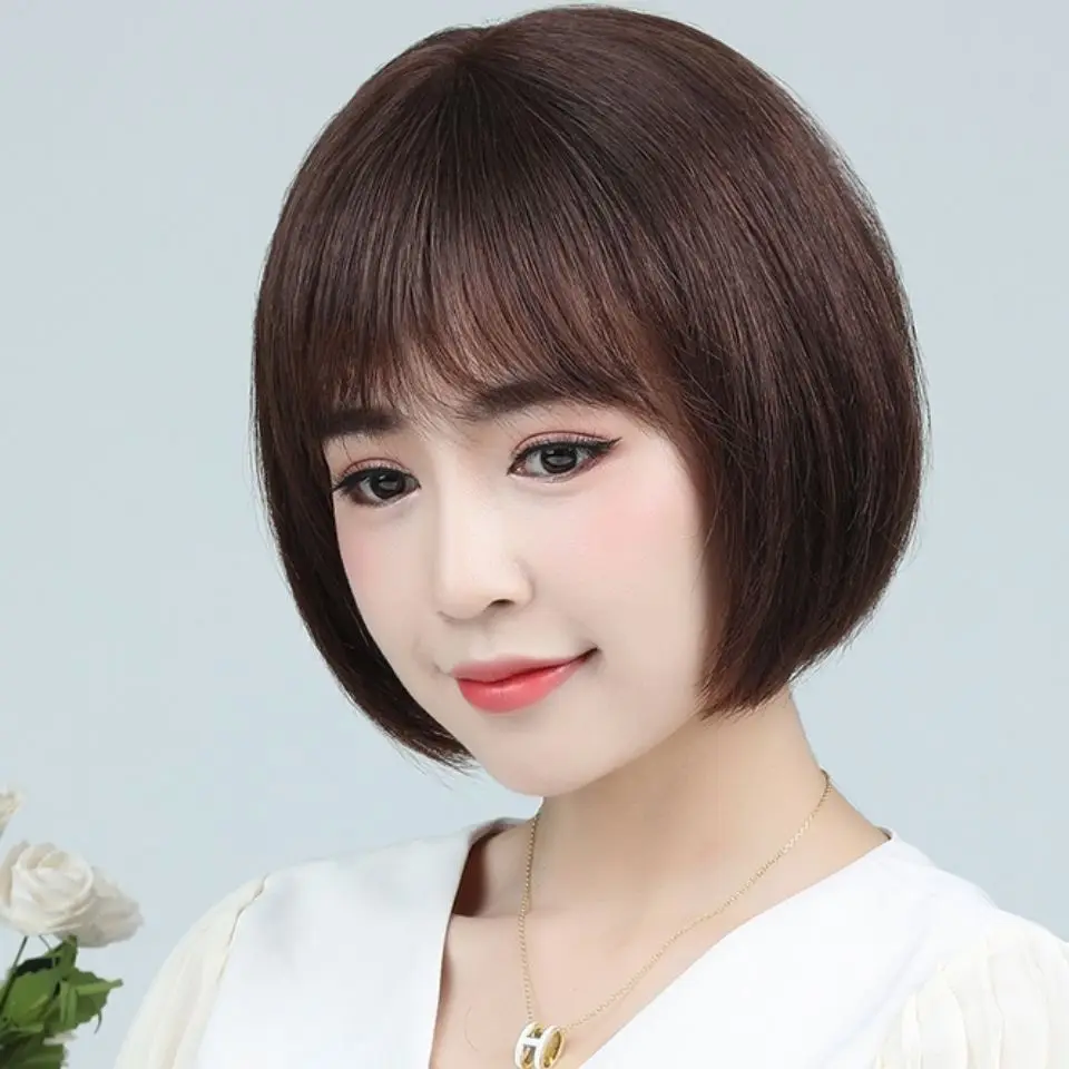 

Headgear wig for women with short straight hair, artificial hair, bob haircut, natural look for round-faced mothers of all ages.