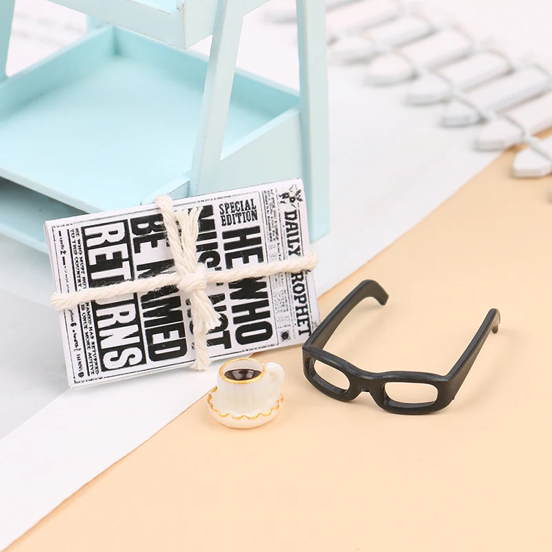 

1Set 1:12 Dollhouse Miniature Newspaper Glasses Model Magazines Books DIY Kids Pretend Play Toys Gift