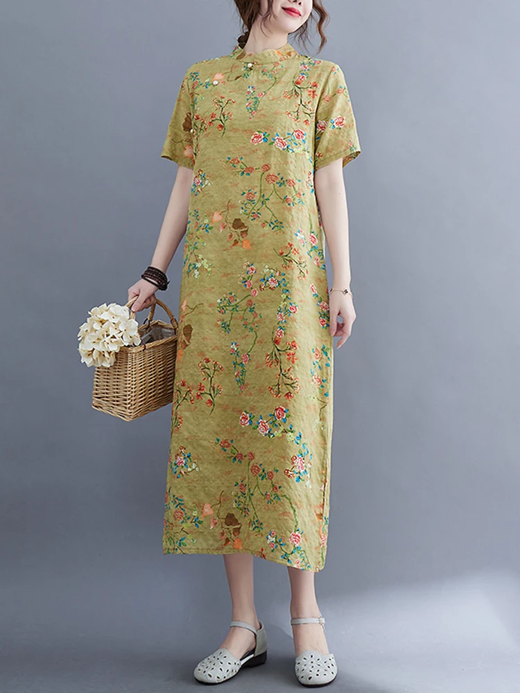 

2022 New Summer Chinese Style Flower Cheongsam Cotton Linen Stand Collar Vintage Oversized Dress Indie Folk Vestidos Robe Femme