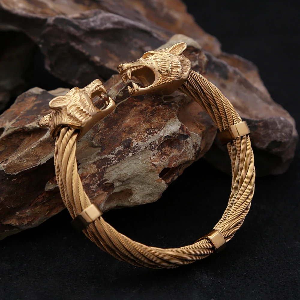 Fashion Vintage Double Viking Wolf Head Bracelet 316L Stainless Steel Punk Biker Animal Bracelets Norse Amulet Jewelry Wholesale 2