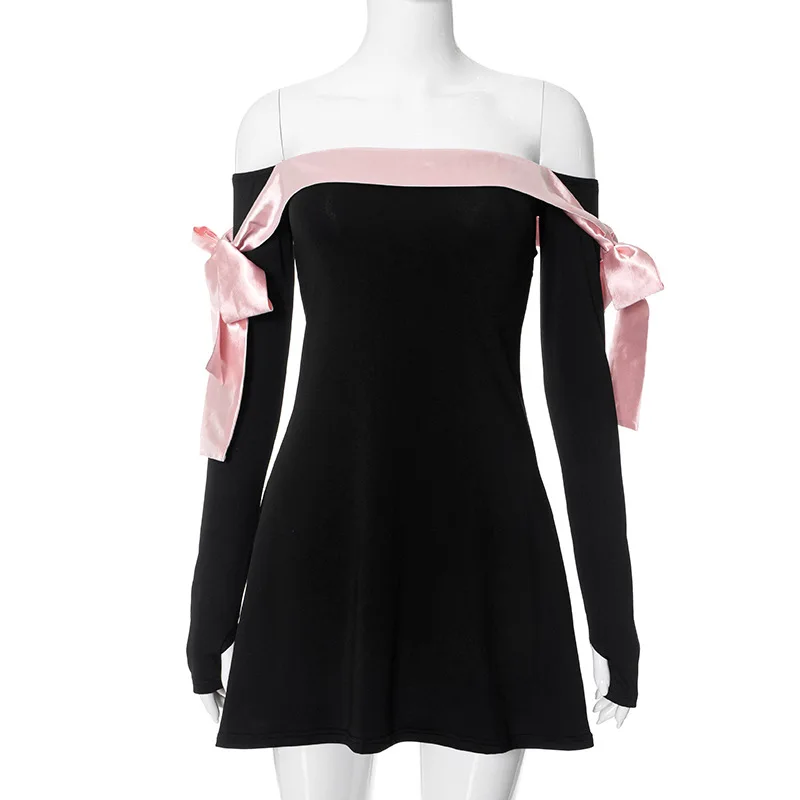 JULISSA MO 2025 Autumn Fashion Strapless Long Sleeve Bow Mini Dress For Women Sexy Slim A-line Outfits Solid Patchowrk Dress New