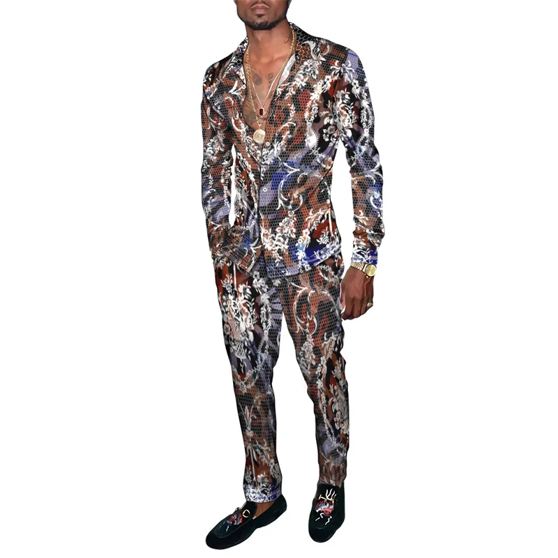 Hawaiian Shirt Suit 3D Serpentine Print 2PCS Set Striped Check Fashion Breathable Men Long Sleeve Shirt  Pants Two Piece Suits 4