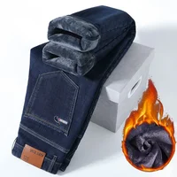 Men New Autumn Winter Fleece Lined Thickened Jeans Male Loose Straight Elasticity Denim Pants Warm Smart Casual Trousers