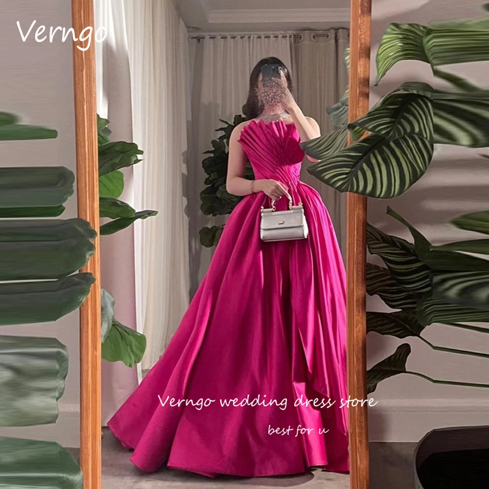 

Verngo Vintage Fuschia Satin A Line Evening Dresses Saudi Arabic Women Dubao Strapless Pleats Prom Gowns Formal Occasion Party