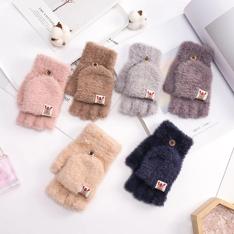 Women Girls Lovely Winter Warm Half Finger Gloves Fluffy Flip Lip Gloves Student  Writing Mittens Christmas Gifts New 2023