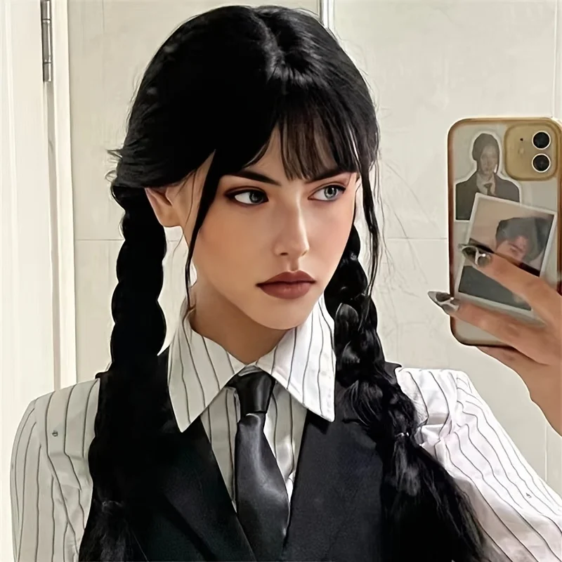 Women's Wednesday Addams Character Wig Long Synthetic Braided Hair with Braided Bun Gothic Style Party Cosplay Wig for Halloween