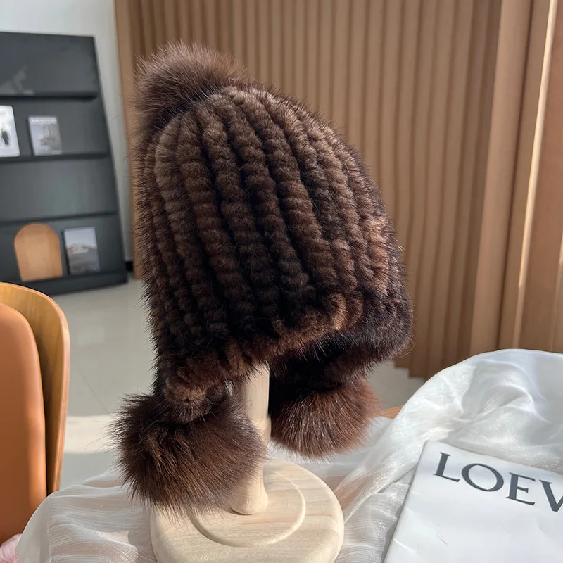 Winter Real Mink Fur Hat For Women Knitted Mink Fur Ear Warm Cap The Spiral Beanies Cap With Fox Pompom On The Top beanie hats fur hats