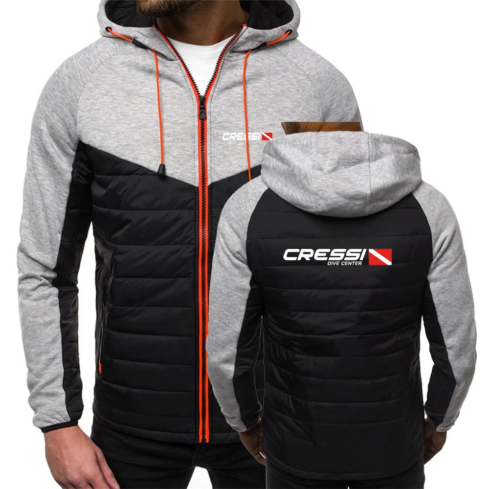 Scuba Dive Cressi 2023 Men's New Winter printing Hooded Cotton Jacket Casual Patchwork Zipper Long Sleeves keep Warm Coat Tops